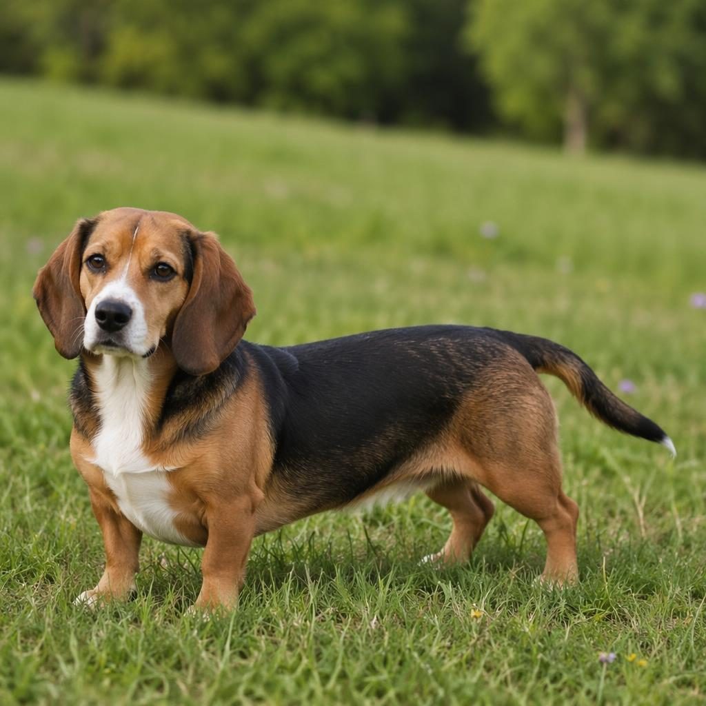 Photo-real illustration of a single beagle dachshund mix dog standing in a grass meadow with soft natural light.