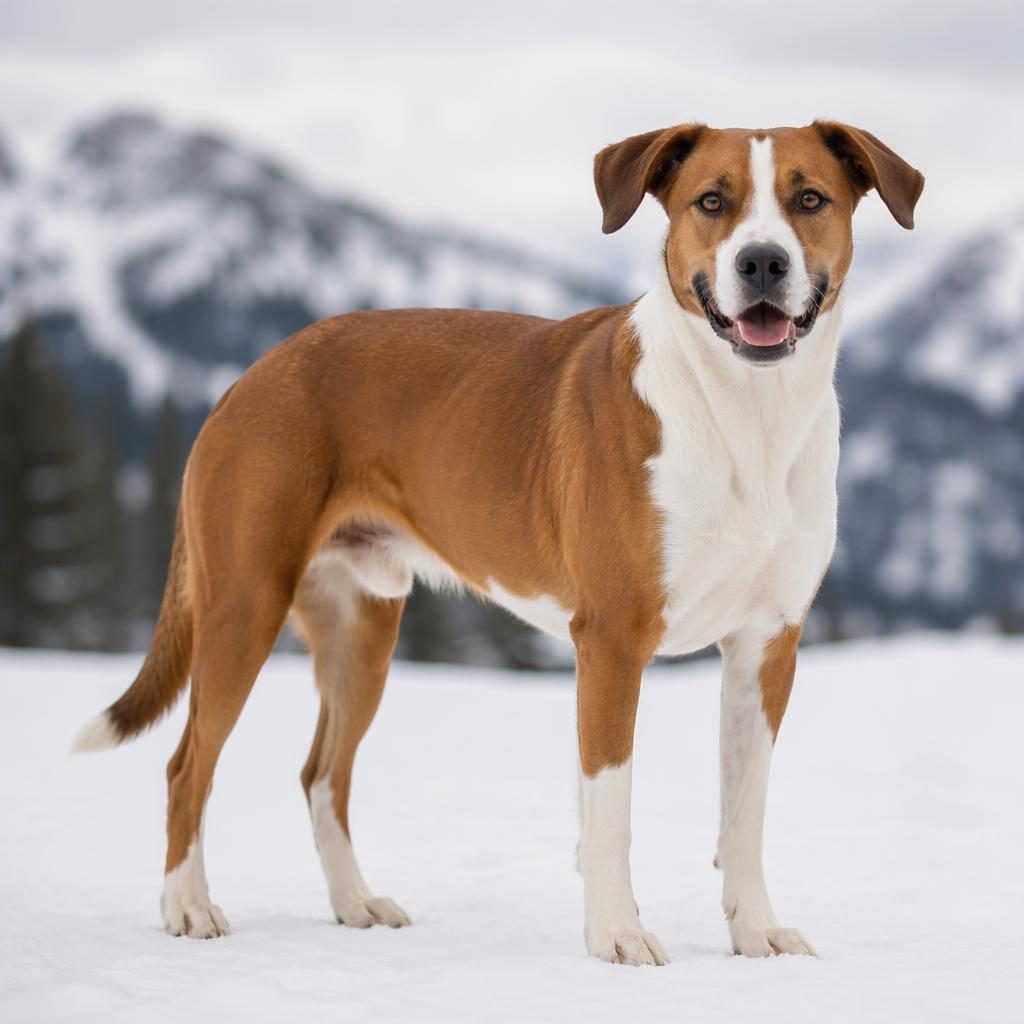 Editorial portrait of a single Border Collie Vizsla mix dog in snow, rare coat, relaxed expression, sharp fur detail.