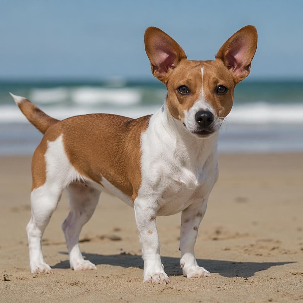Ein einzelner realistischer Mischlingshund am Strand, freundlich, entspannt, mit seltenem Fell und weichem Naturlicht.