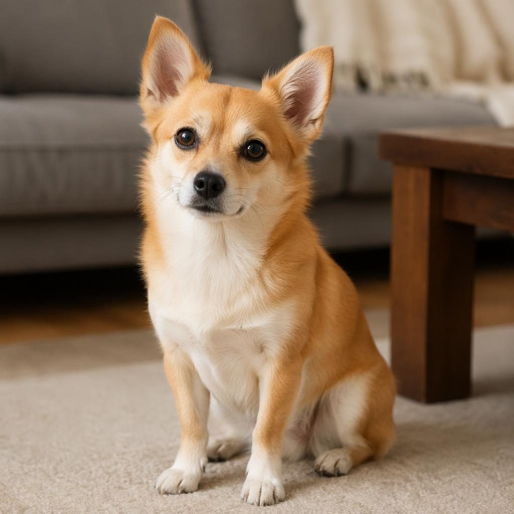 Single friendly young adult hybrid dog in a cosy living room, with soft natural light and detailed fur texture.