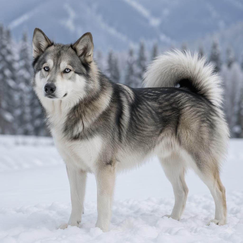 Illustration réaliste d’un chien adulte type croisement husky spitz, seul dans un paysage enneigé, pelage rare et net