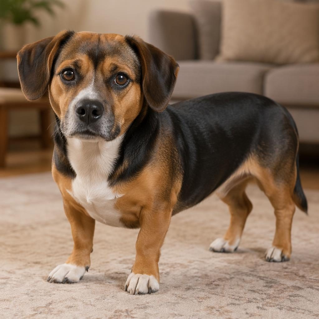 Fotorealistische Illustration eines einzelnen Beagle-Dackel-Mix im gemütlichen Wohnzimmer, freundlich und entspannt.
