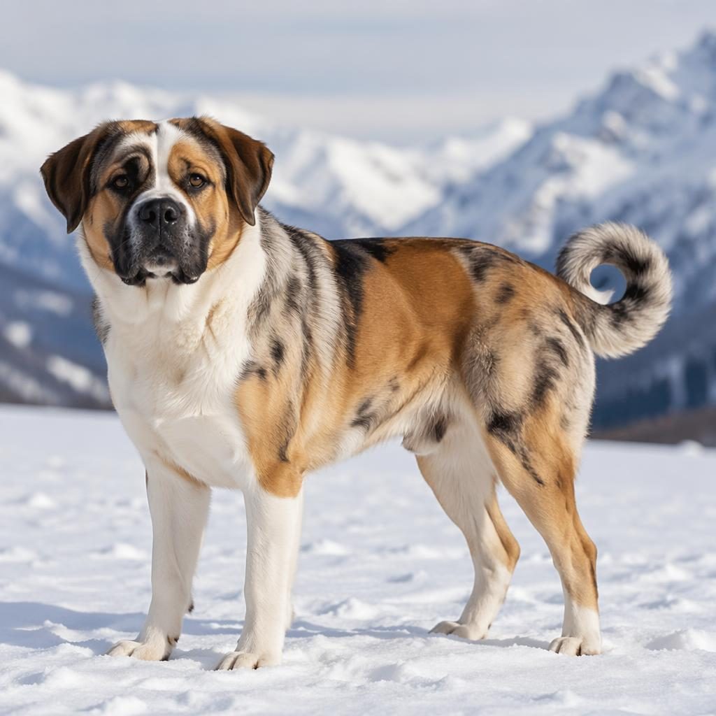 Ein einzelner erwachsener Bernhardiner-Mops-Mix als realistische Illustration in verschneiter Landschaft, freundlich und entspannt.