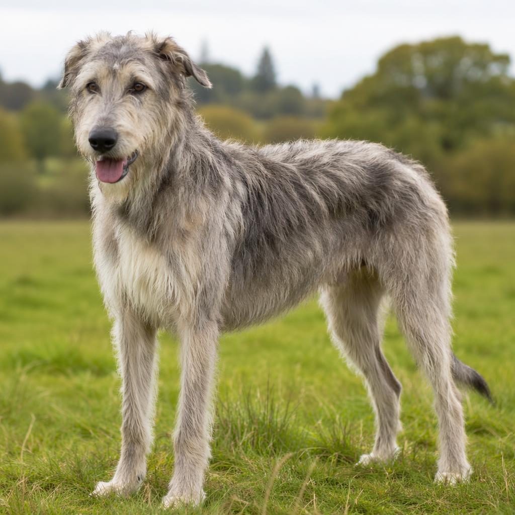 Editorial portrait of a single realistic irish wolfhound cross dog standing in a grass meadow in soft natural light.