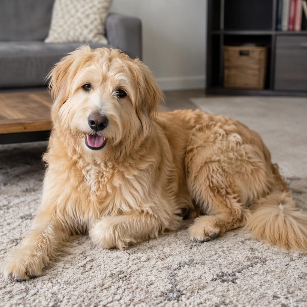 Chien senior seul, type melange caniche et golden, pelage naturel dore, pose detendue dans un salon cosy lumineux.