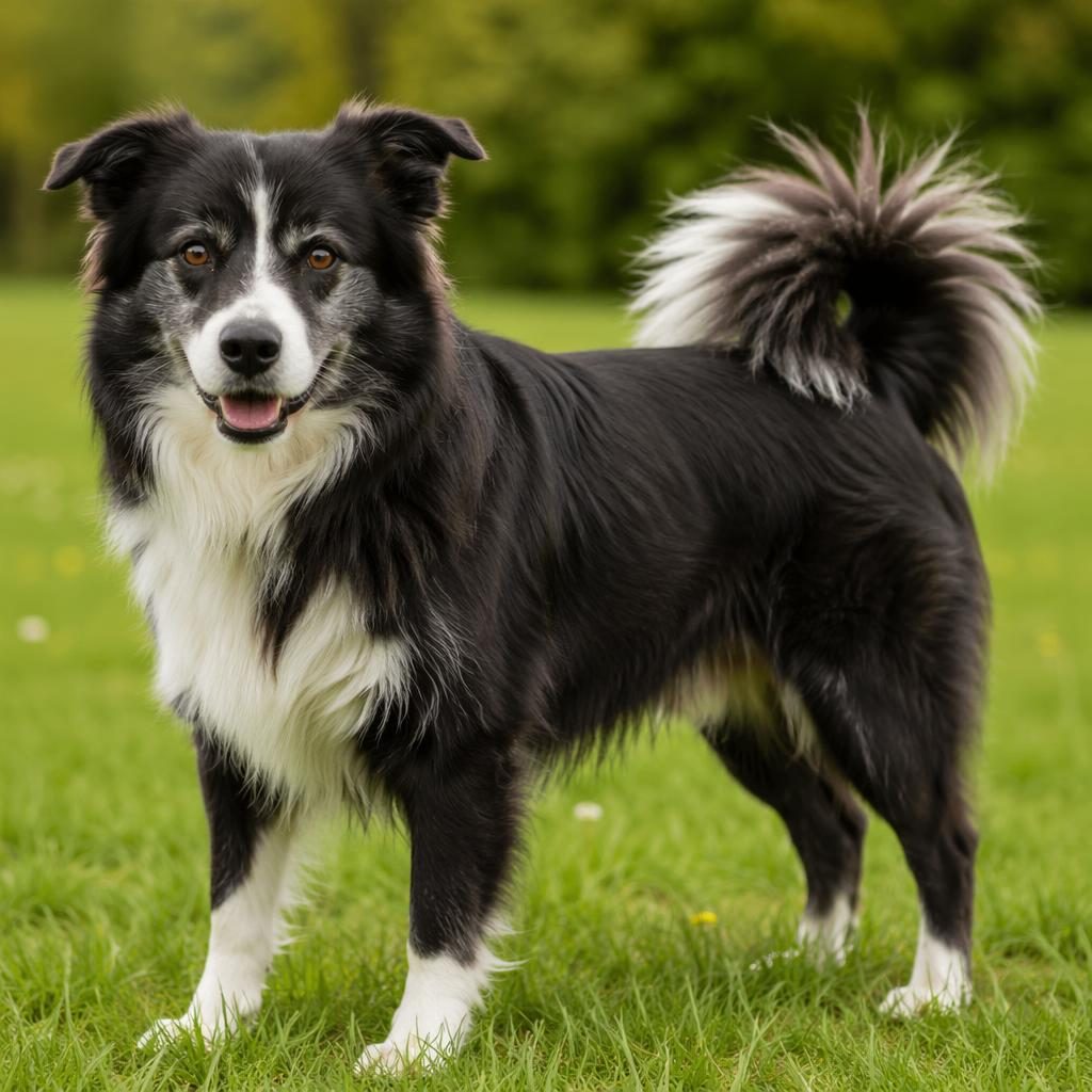 Ein einzelner senior Border Collie Spitz Mischling steht entspannt auf einer grünen Wiese im Studio-Licht.