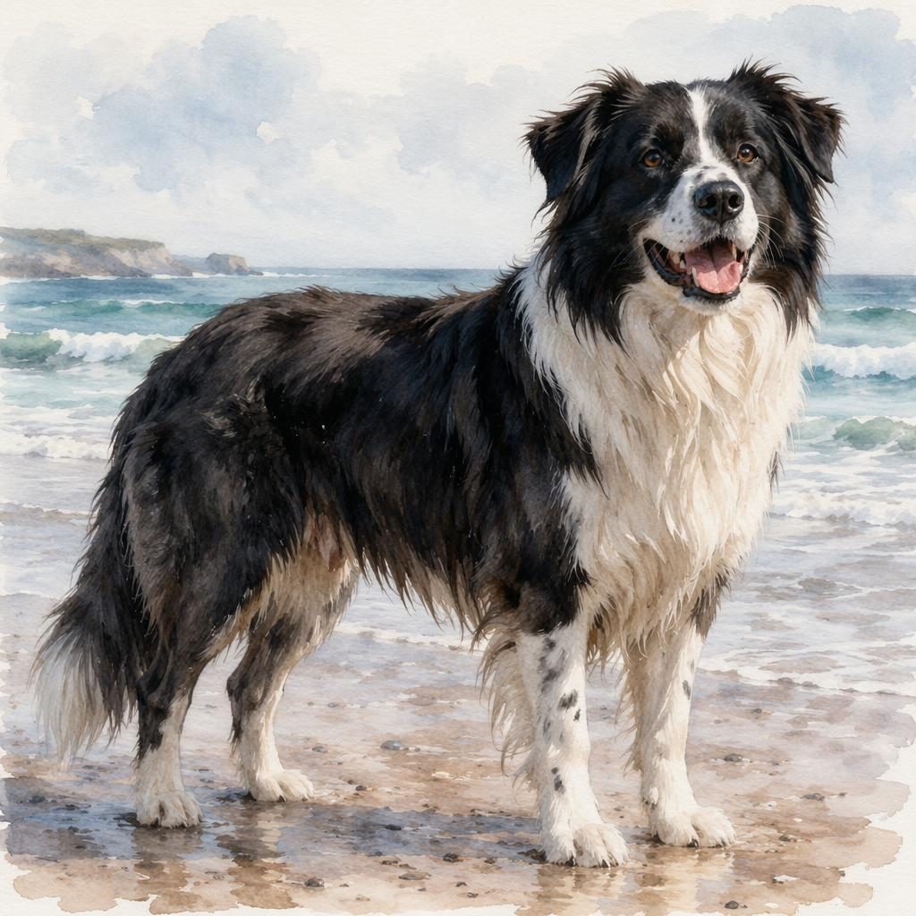 Chien adulte seul sur une plage, rendu aquarelle photoréaliste, expression amicale, pelage rare et texture nette.