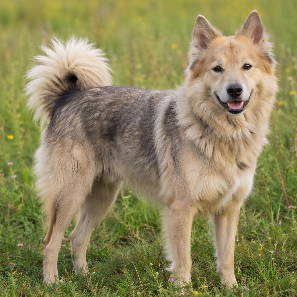 Senior spitz mix dog standing alone in a grass meadow, friendly and relaxed, with fluffy coat and sharp fur detail.