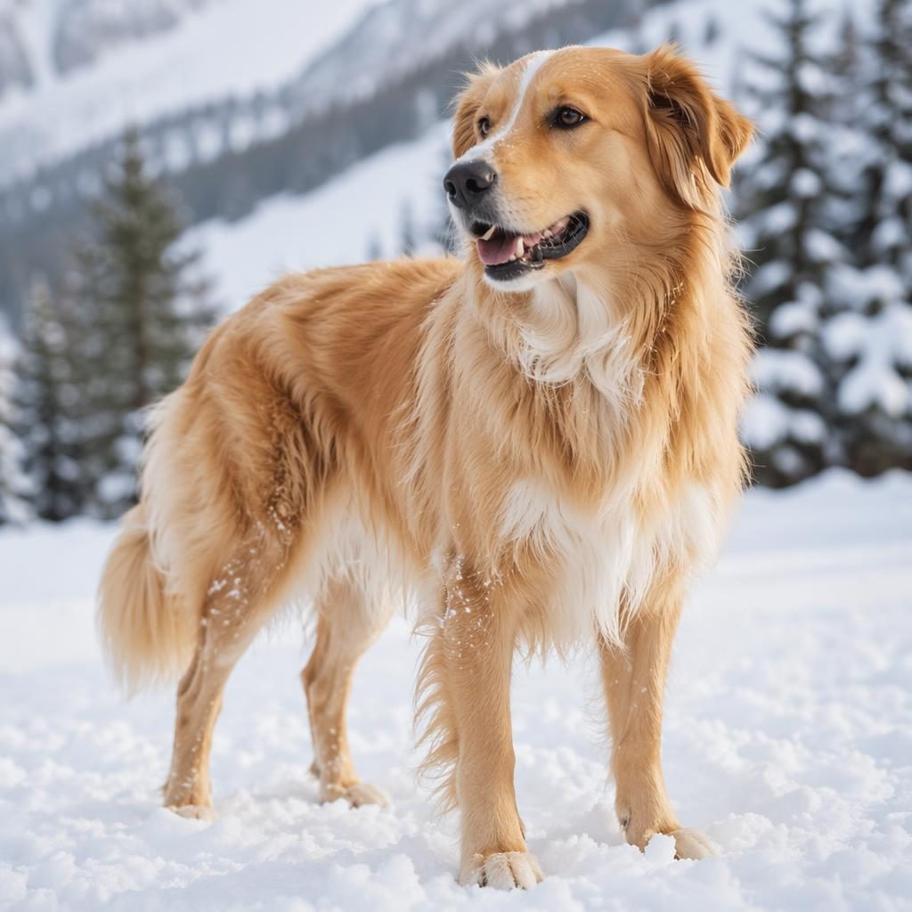 Portrait éditorial d’un chien type golden retriever croisé berger australien dans un paysage enneigé