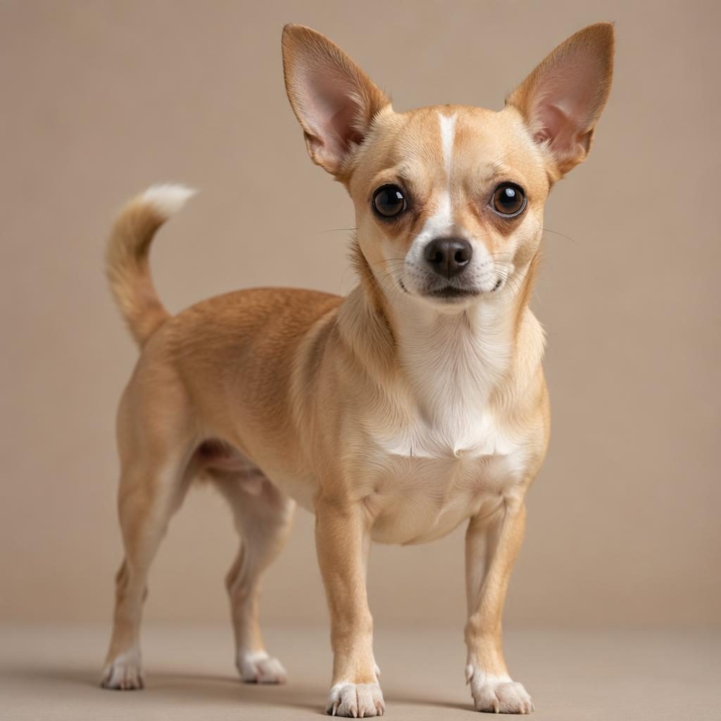 Editorial portrait of a single relaxed designer chihuahua dog on a soft neutral background with natural light.