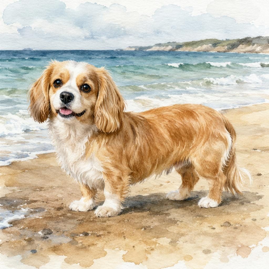 Watercolor-style adult dog on a beach, blending Cavalier King Charles Spaniel and Dachshund traits with rare coat coloring