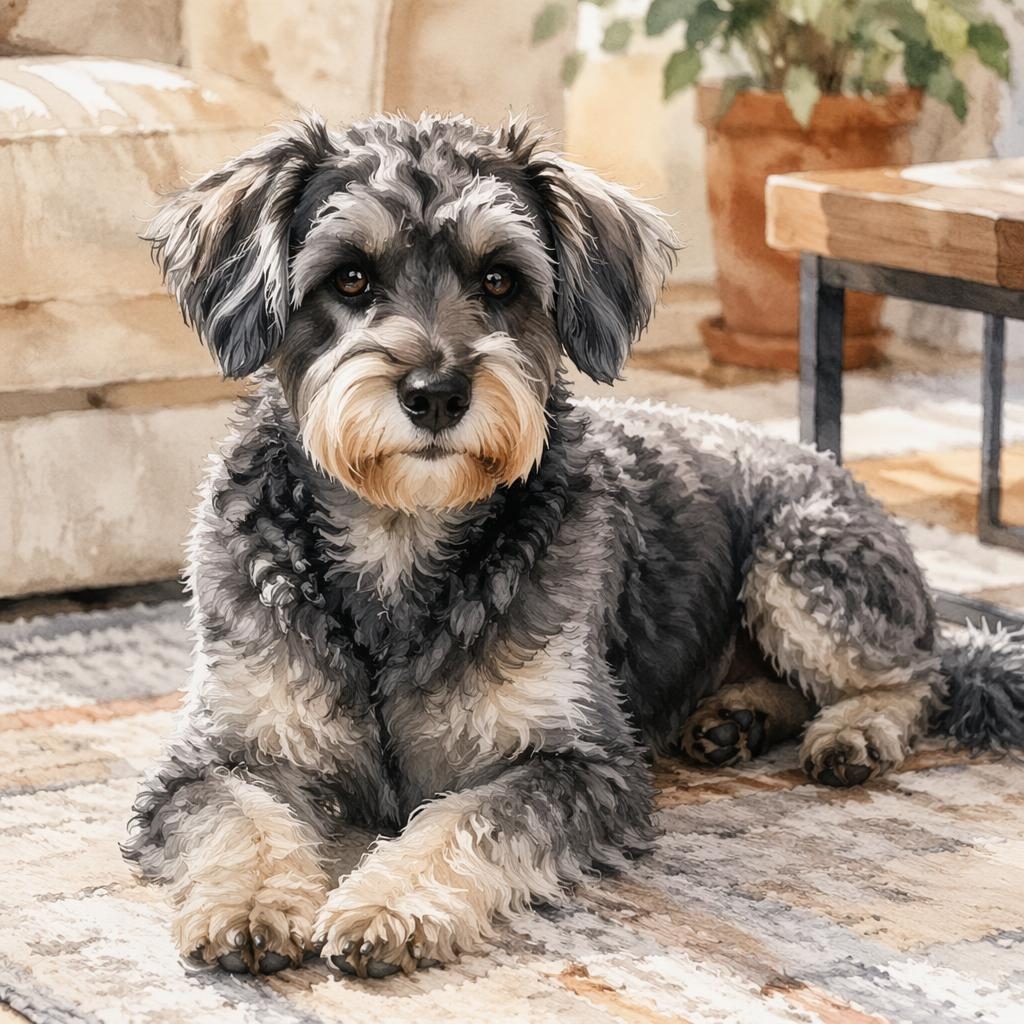 Single senior mixed-breed dog in a cozy living room, watercolor style, relaxed pose, soft light, detailed fur.