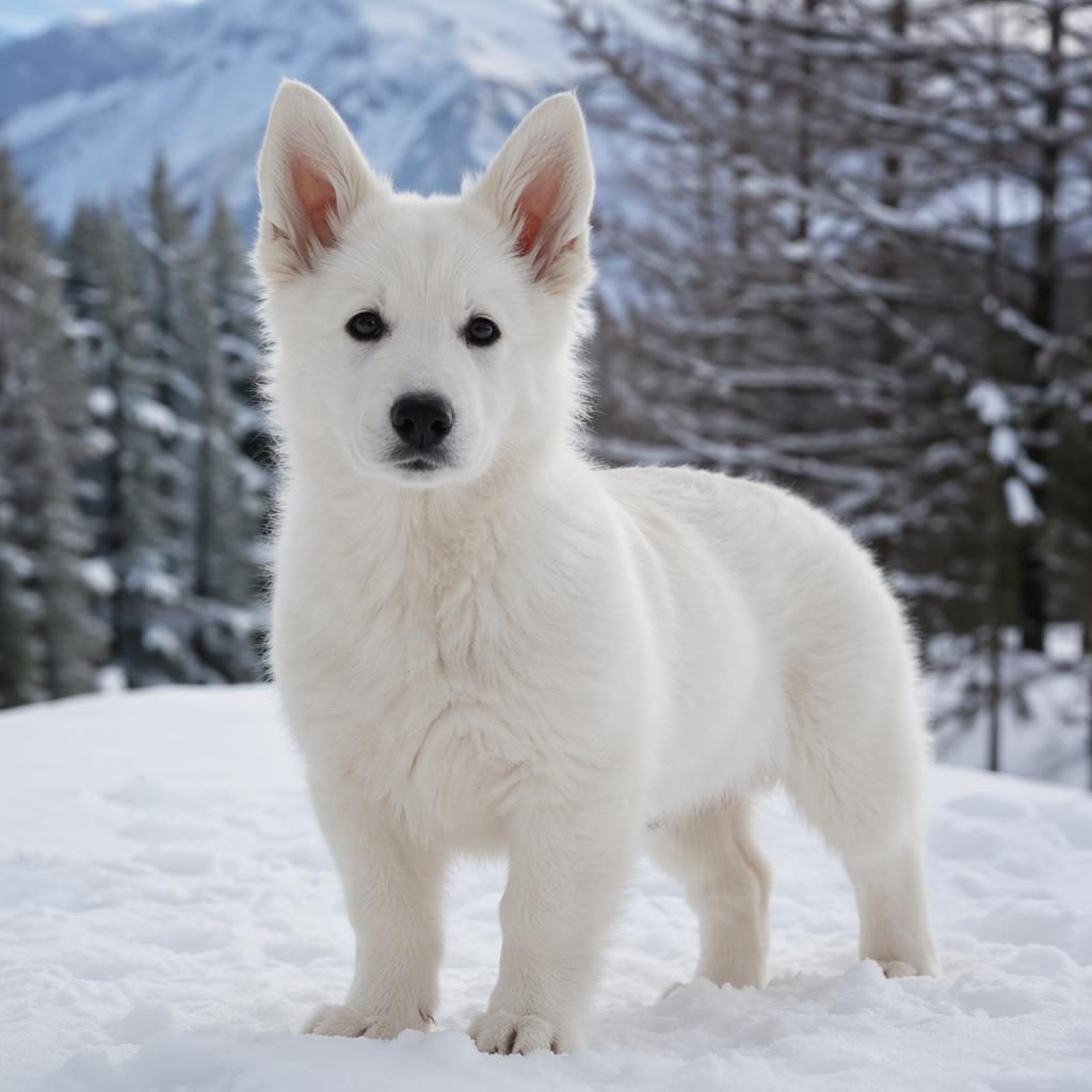 Realistic fluffy puppy in a snowy landscape with a friendly relaxed expression, soft natural light, and sharp fur detail