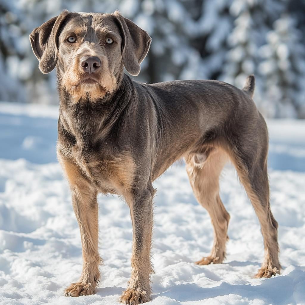 Single adult boxer x staffy style dog standing in a snowy landscape, relaxed, well-groomed, with realistic fur detail