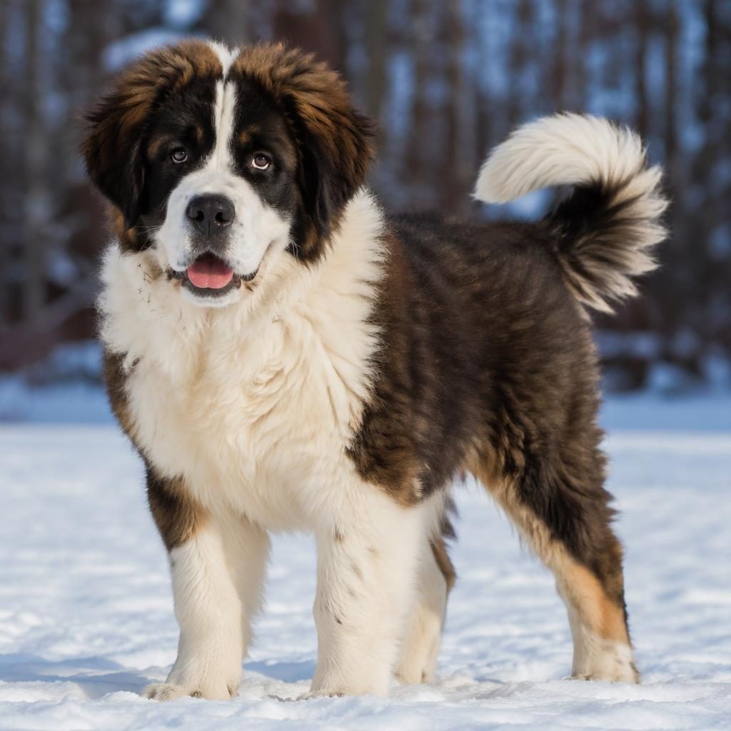 Studio-style portrait of a fluffy mixed-breed puppy in snow with a friendly expression, soft light, and realistic fur detail.