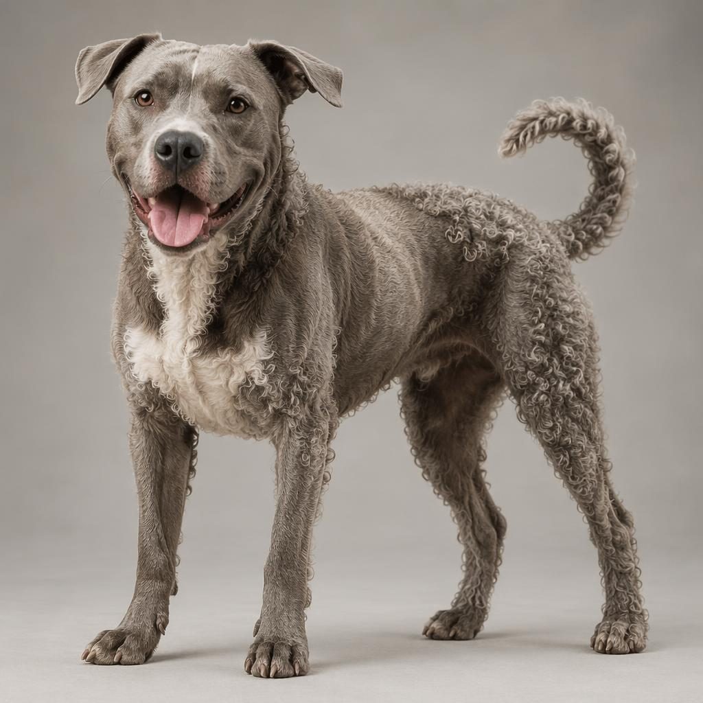 Photo-real illustration of a single adult mixed-breed dog with grey coat, relaxed expression, and soft neutral background.