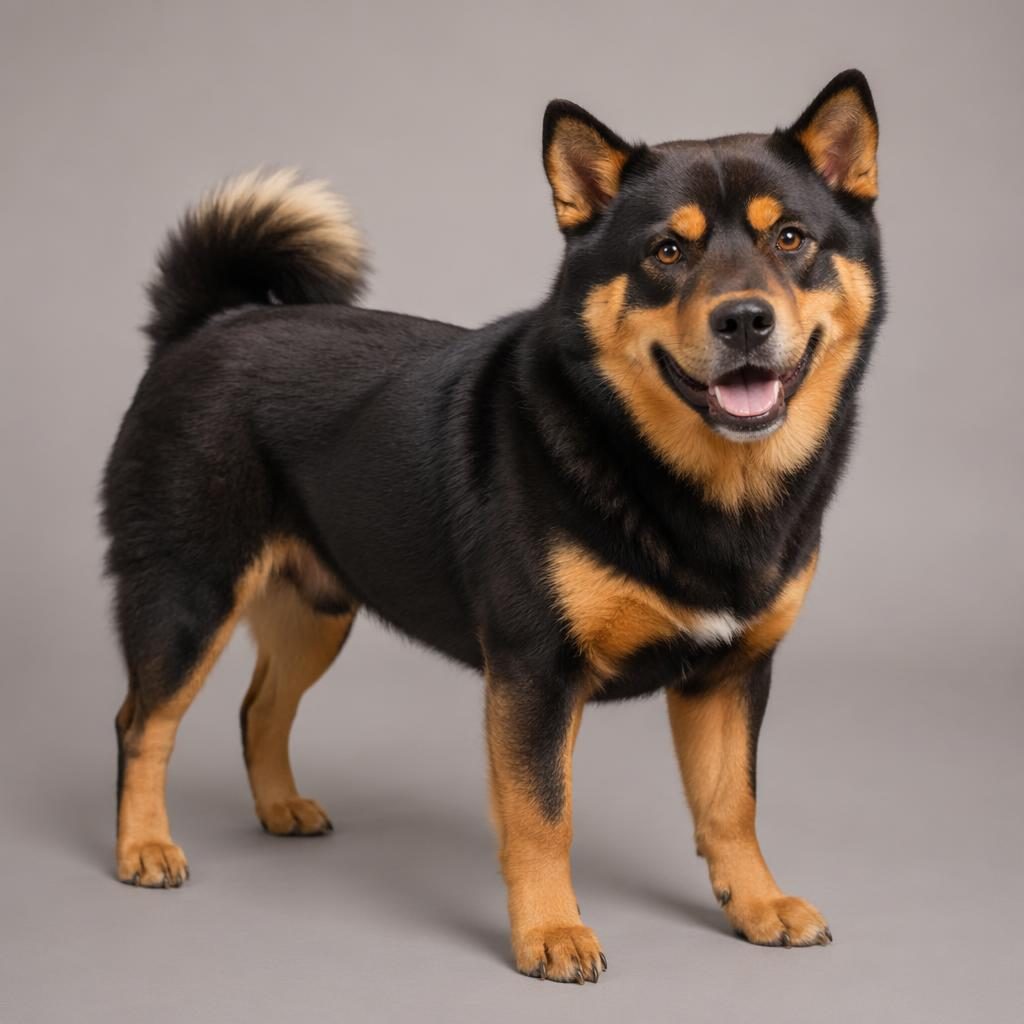 Perro mestizo adulto, mezcla visual de rottweiler y shiba inu, en estudio con fondo neutro y expresión relajada