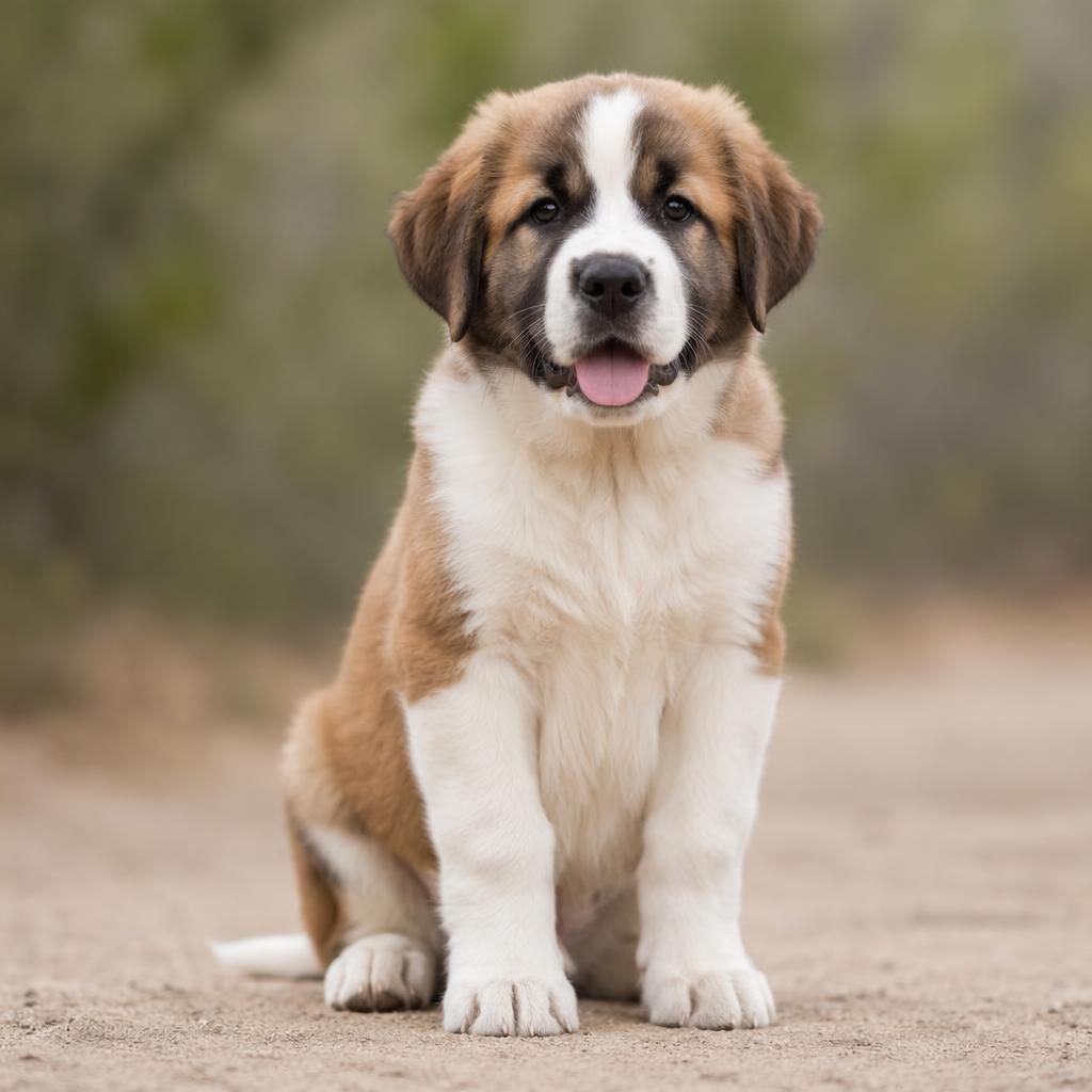 Ein einzelner, realistischer Mischlingswelpe aus Akita und Saint Bernhard mit hellem Fell im Freien vor neutralem Hintergrund.