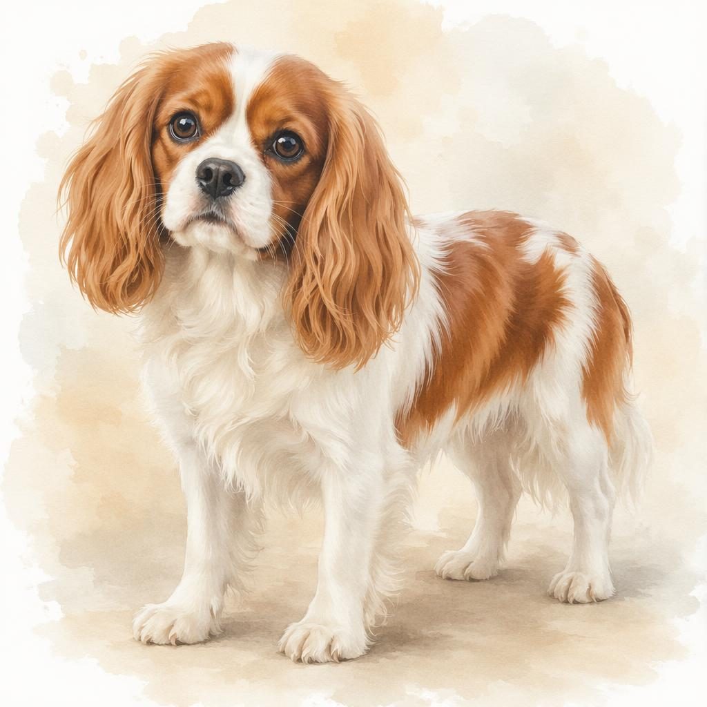 Watercolor portrait of a relaxed adult Jack Russell Terrier and Shiba Inu mix on a soft neutral background.