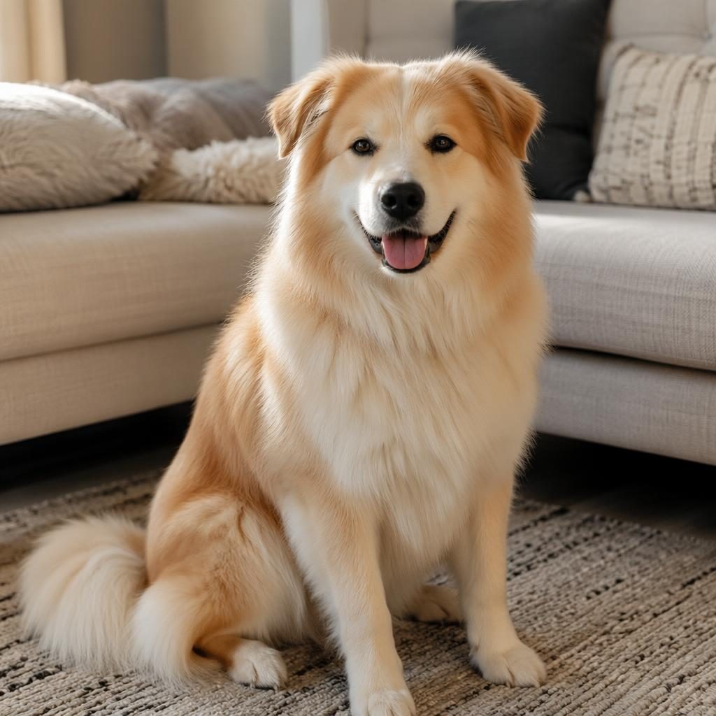Perro mestizo joven tipo cruce de golden con samoyedo, relajado en un salón acogedor con luz natural suave.