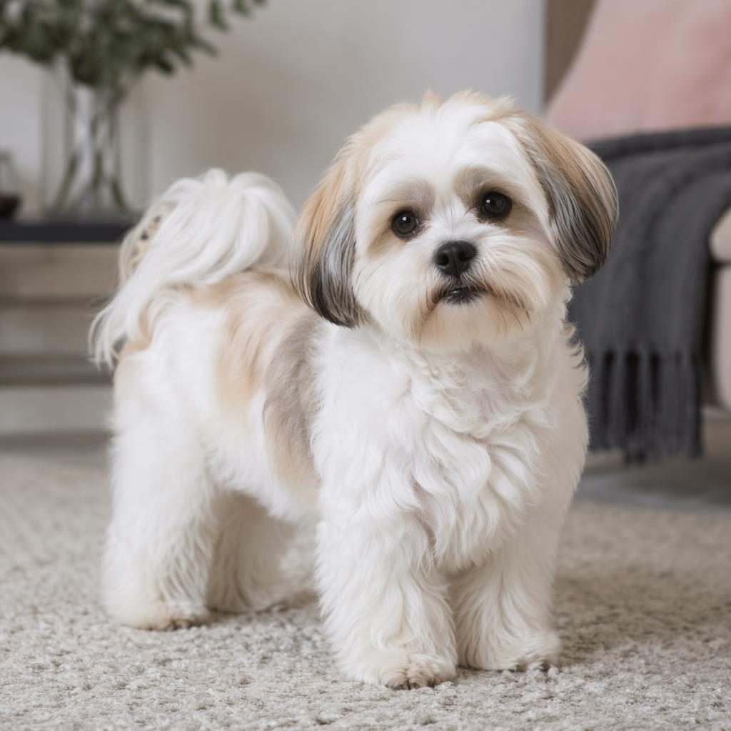 Single friendly mixed-breed dog in a cosy living room, soft natural light, sharp fur detail, relaxed editorial portrait.