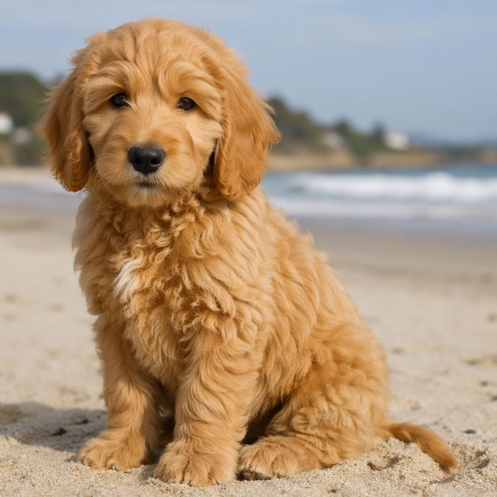 Single golden labradoodle puppy on a beach, relaxed and friendly, with soft light and sharp detailed fur.