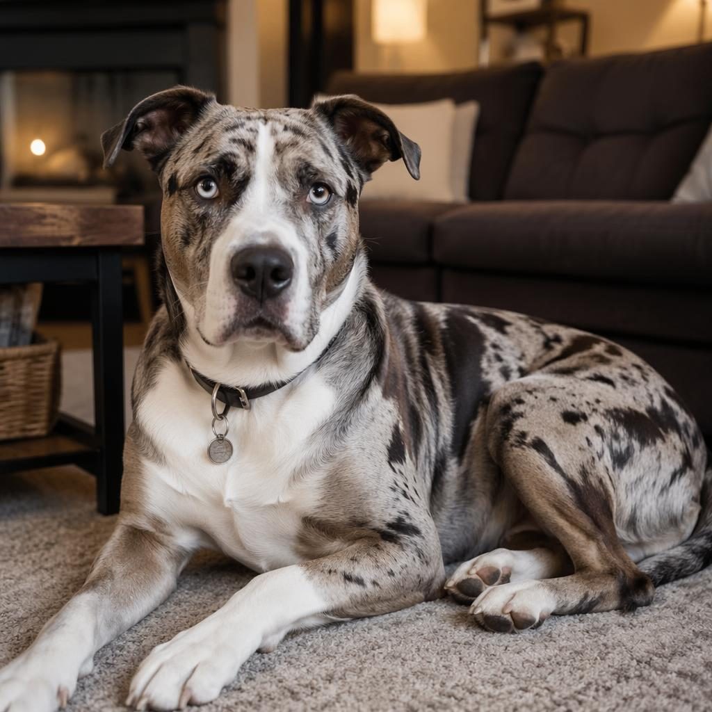 Illustrated senior mixed-breed dog resting in a cozy living room with soft light, realistic fur, relaxed pose, and sharp focus.