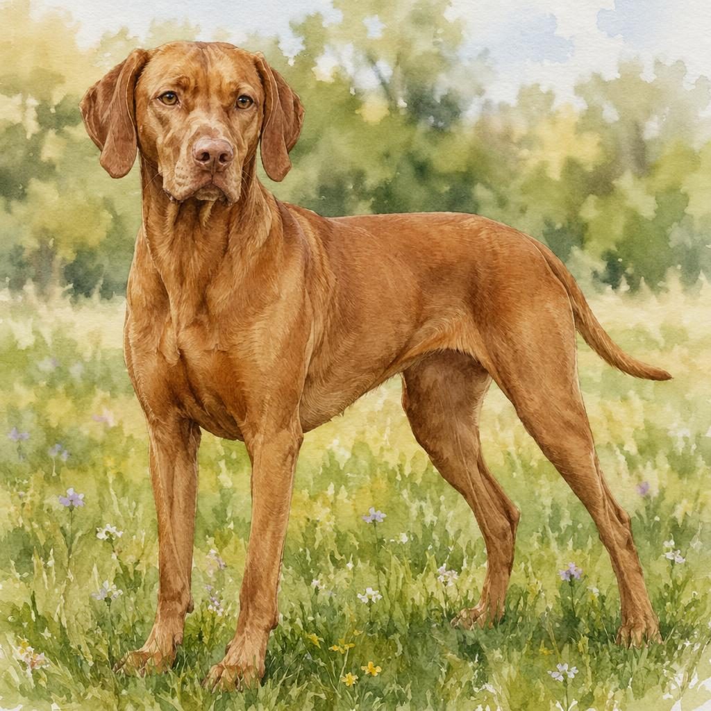 Ein einzelner senior Hund als realistischer Aquarell-Mix aus Vizsla und Bulldog in einer grünen Wiese.