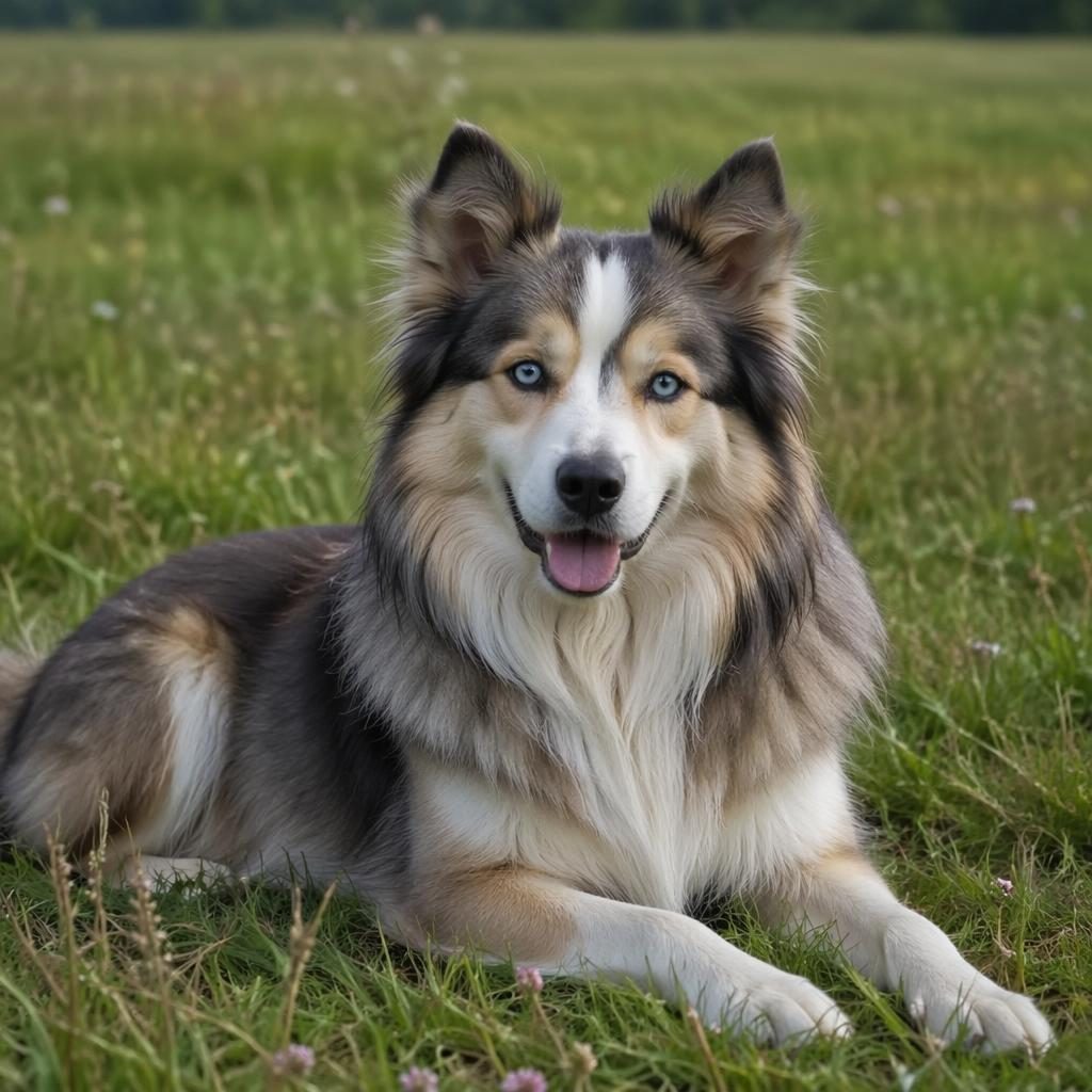 Senior mixed-breed dog in a grass meadow, Golden Retriever and Pomeranian blend, relaxed pose, soft light