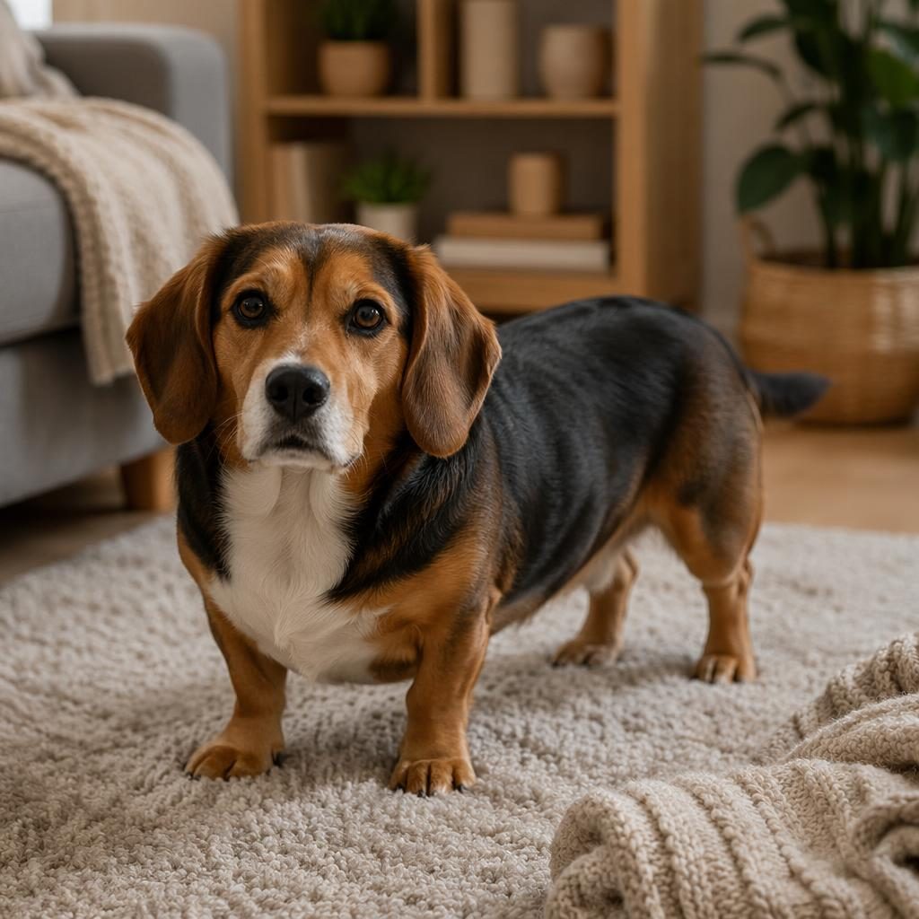 Imagined hybrid dog cross-breed with approximately 50% trait influence from a Beagle and % trait influence from a Newfou