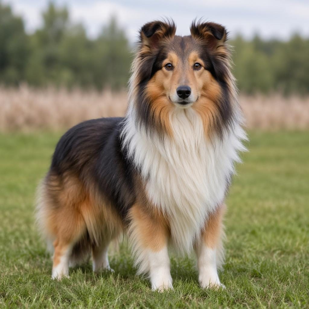 Senior sheltie mix dog standing in a grass meadow, relaxed and friendly, with realistic fur in soft natural light