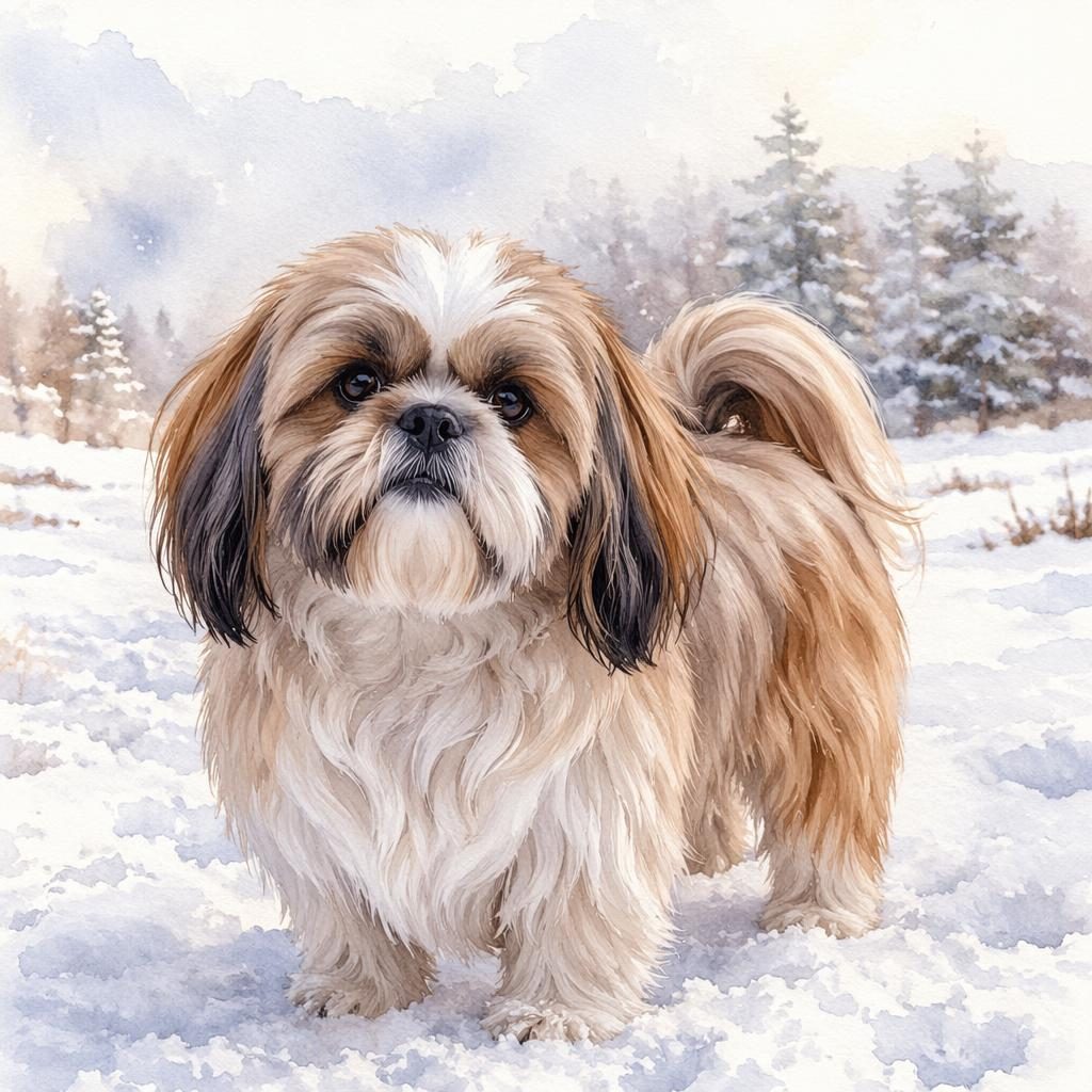 Ein einzelner freundlicher Hund im Aquarellstil steht in verschneiter Landschaft, mit weichem Licht und realistischer Fellstruktur.