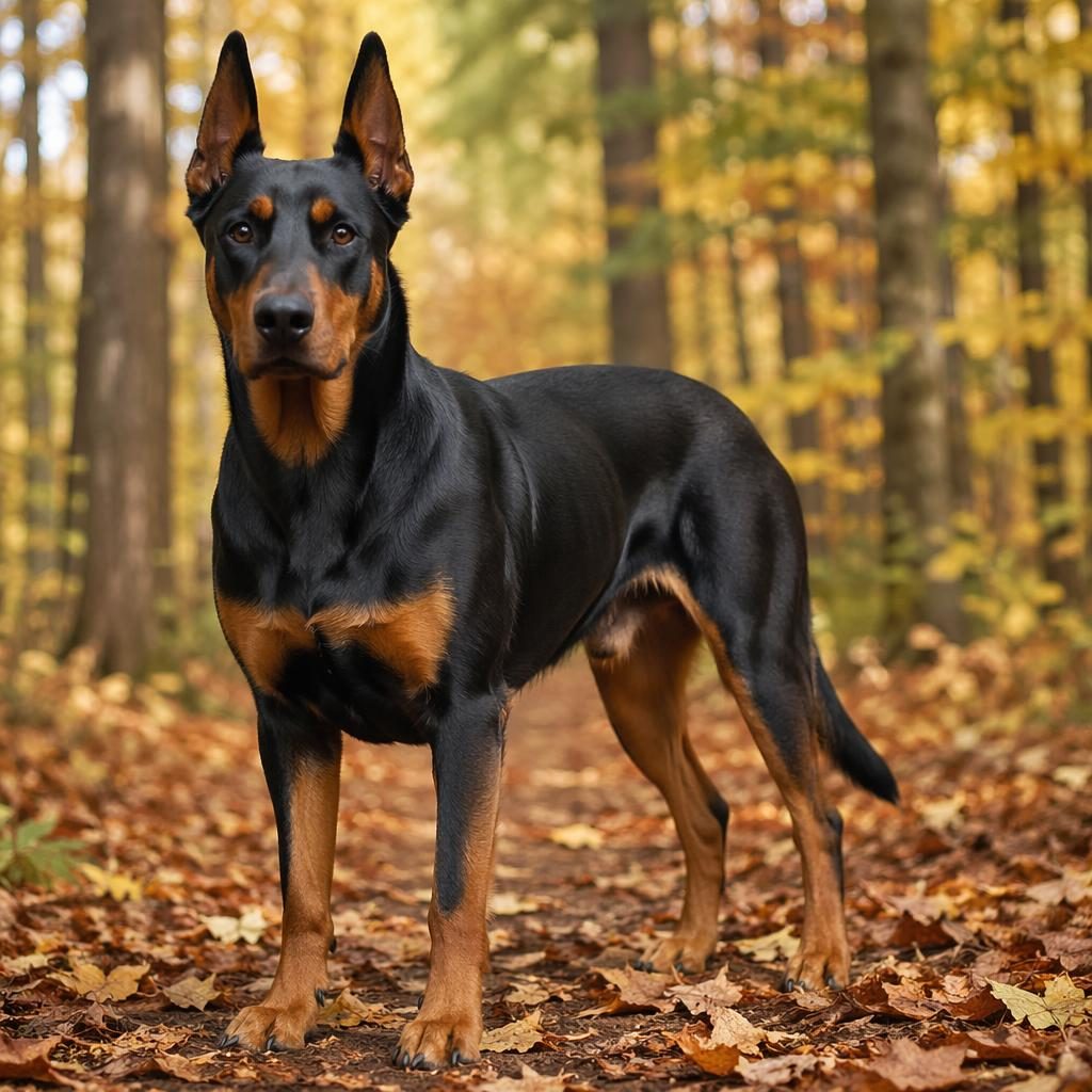 Single mixed-breed dog in an autumn forest, with corgi and golden retriever traits, soft natural light