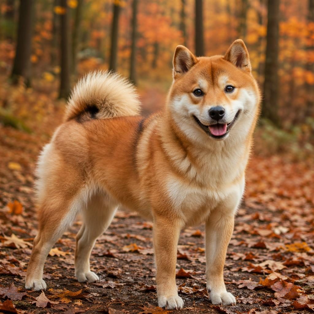 Perro mestizo joven tipo rottweiler y shiba inu, solo, en bosque otoñal, luz natural suave y pelaje realista.