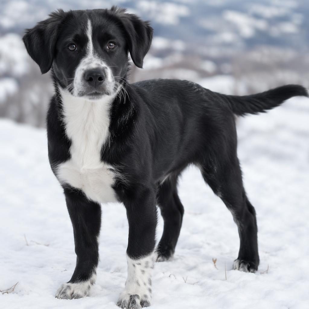 Single puppy with mixed-breed features in a snowy studio setting, fluffy coat, relaxed expression, sharp fur detail
