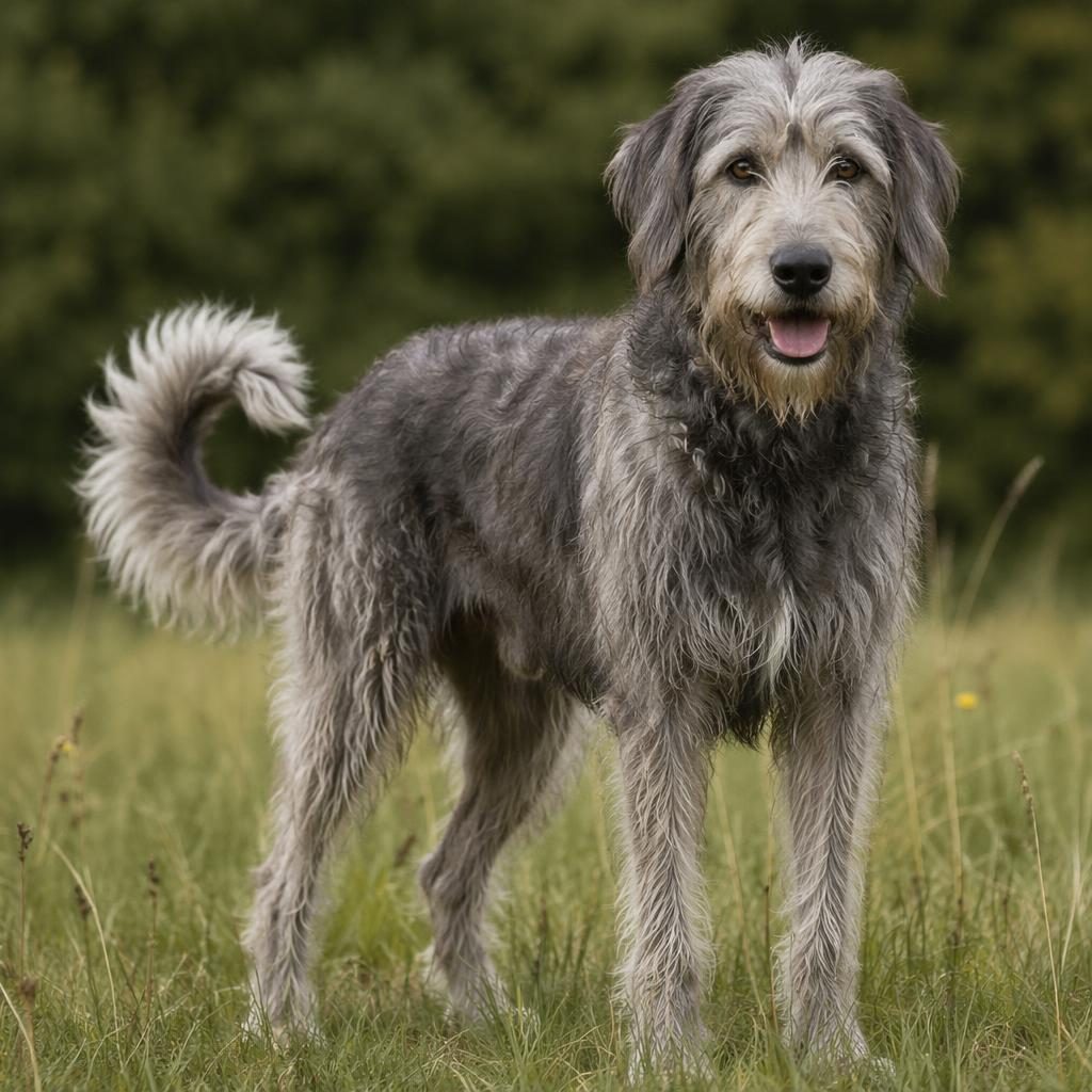 Ein einzelner freundlicher irischer wolfshund pudel mix steht entspannt auf einer grünen Wiese bei weichem Licht.
