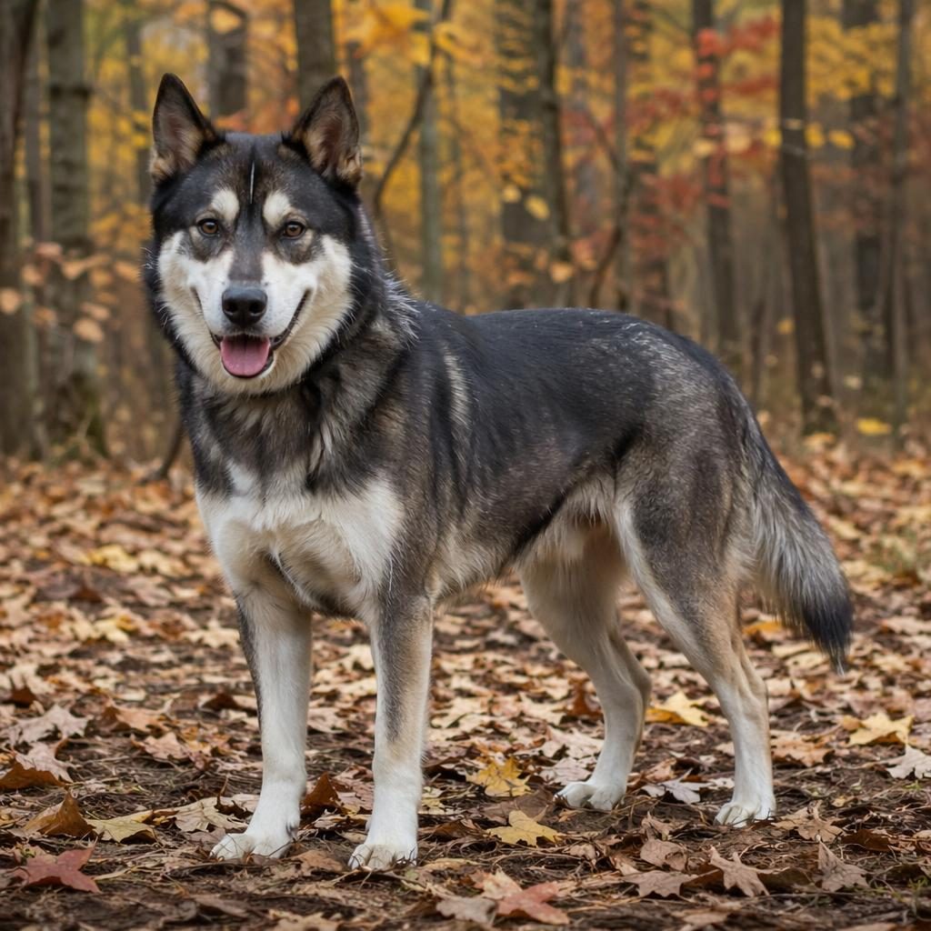 Senior mixed-breed dog with husky and weimaraner traits standing in an autumn forest, relaxed and well groomed