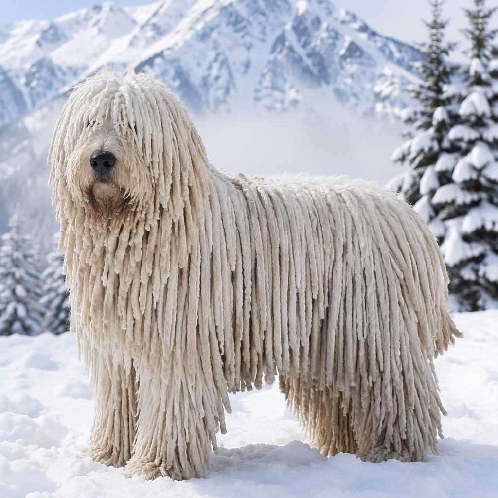 Ein einzelner, freundlicher Komondor Mischling als realistische Illustration in verschneiter Landschaft, mit weichem Licht.