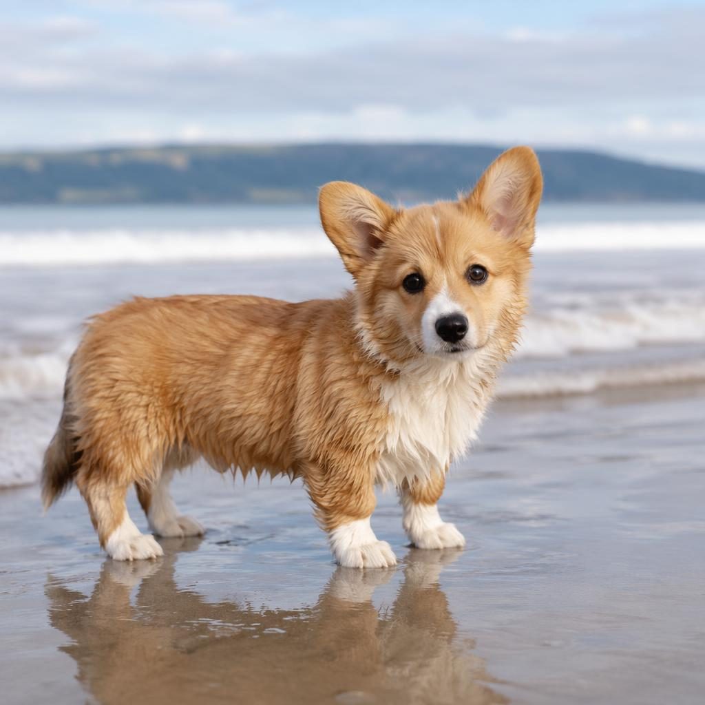 Fotorealistické štěně křížence zlatého retrívra a corgiho na pláži, v měkkém denním světle, samo a uvolněné.