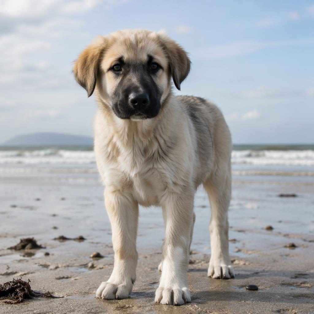 Photoreal puppy resembling an anatolian shepherd pyrenees mix standing on a beach in soft natural light.
