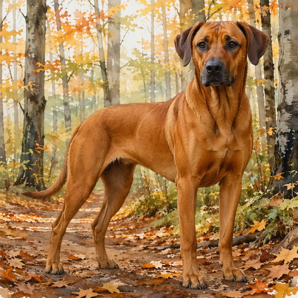 Ein einzelner junger Hund im Aquarellstil, freundlich und entspannt, mit weichem Fell und Herbstwald im Hintergrund.