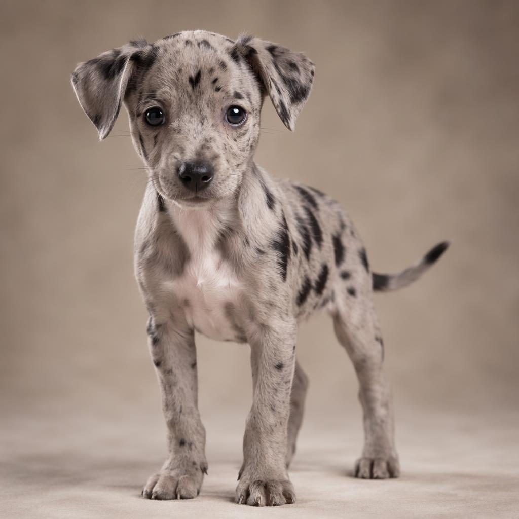Editorial portrait of a Great Dane Chihuahua mix puppy on a soft neutral background with natural light and detailed fur.