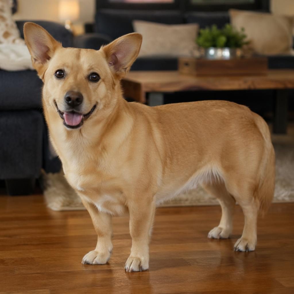 Senior corgi labrador mix dog resting in a cozy living room with soft natural light and realistic fur detail