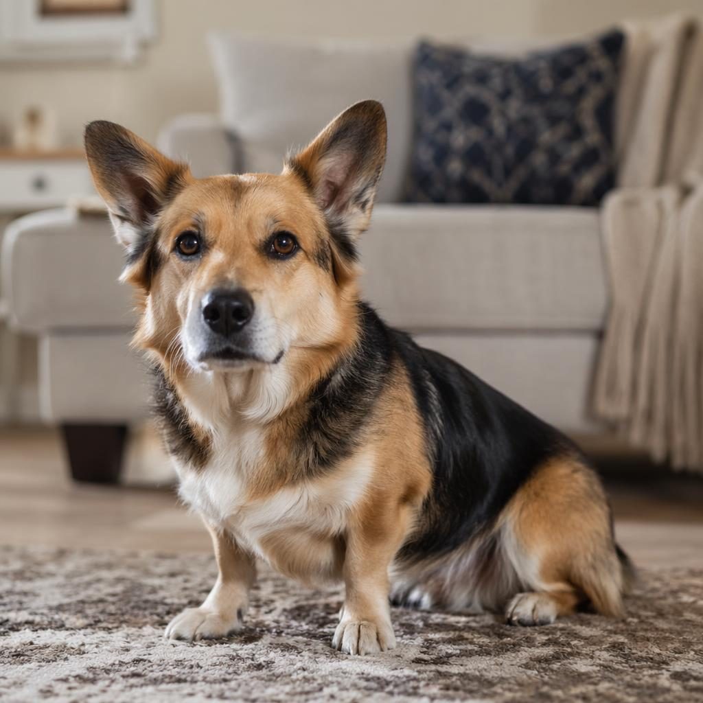 Senior corgi cross dog with a natural blended coat, relaxed expression, and realistic fur in a cozy living room