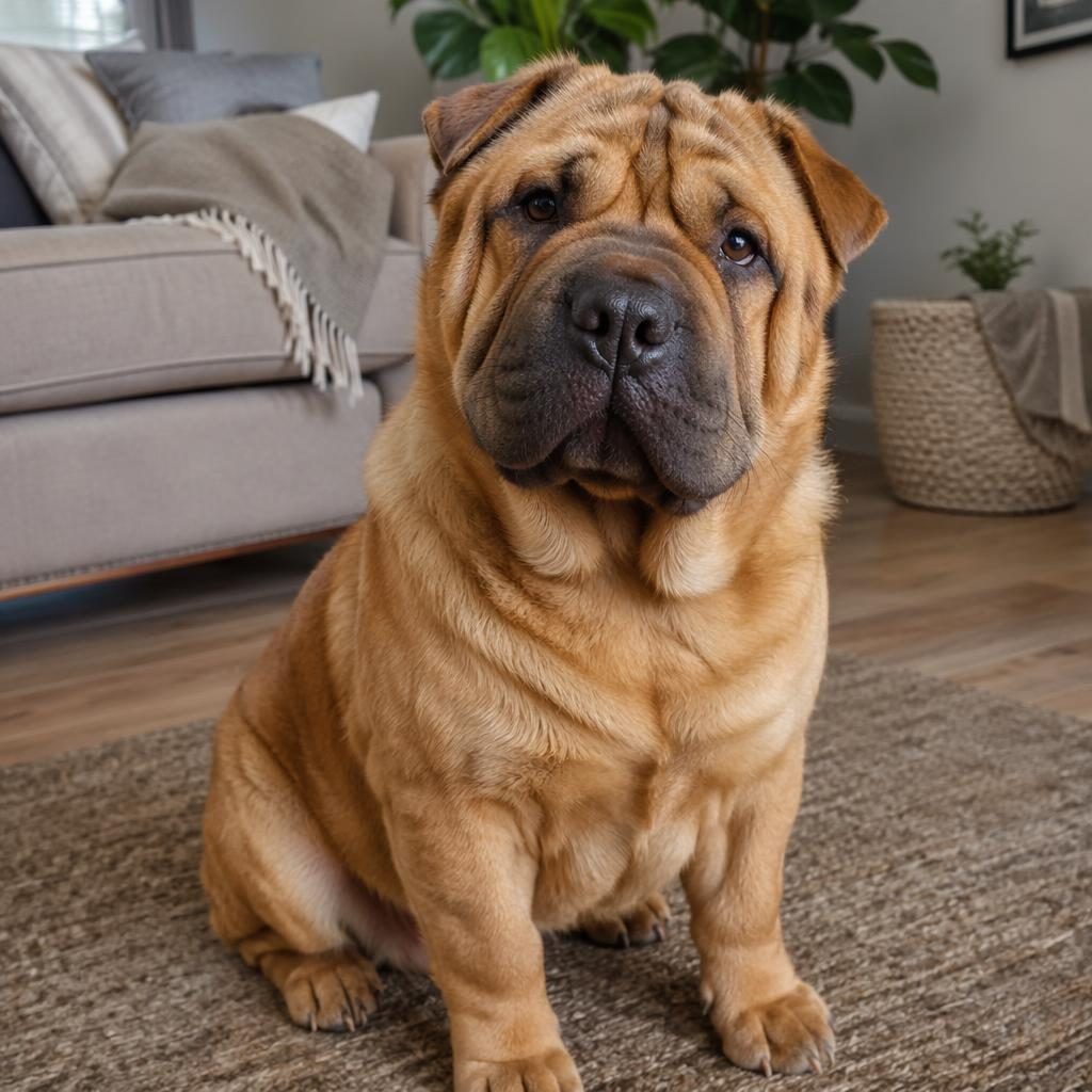 Ein einzelner junger Shar Pei Mischling liegt entspannt in einem gemütlichen Wohnzimmer bei weichem Tageslicht.