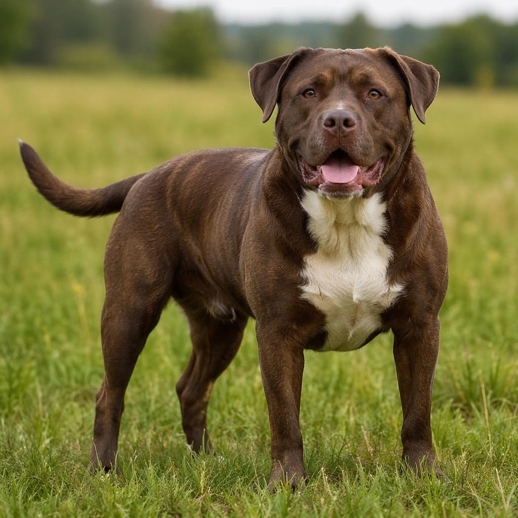 Senior chocolate lab pitbull mix dog standing in a grass meadow with a relaxed friendly expression and soft light