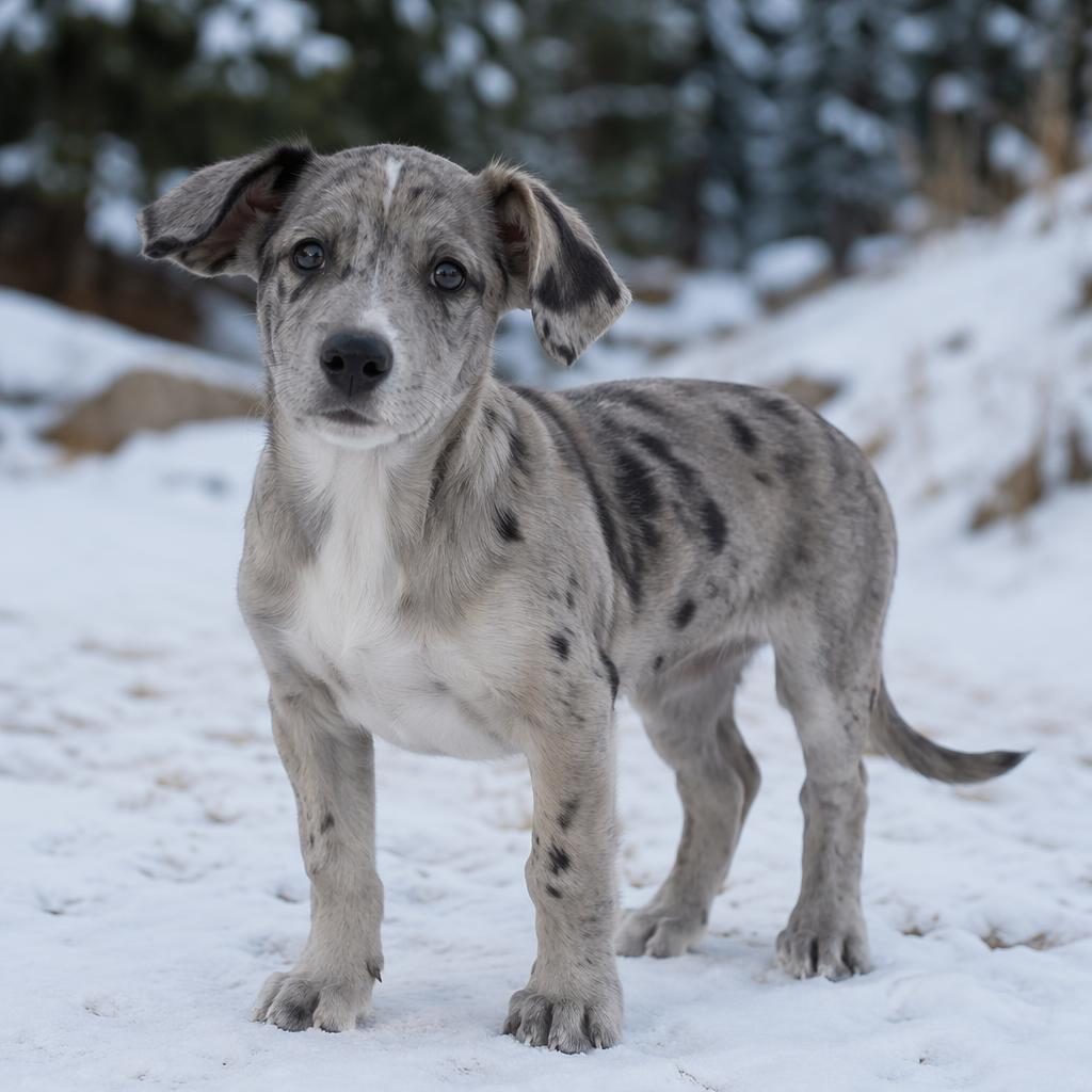 Photo-real neo daniff puppy standing in a snowy landscape with a friendly relaxed expression and soft natural light.