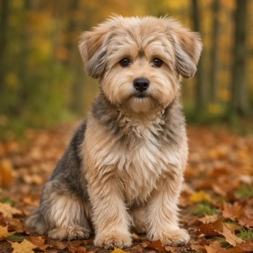 Ein einzelner senior Hund im Studio-Look vor Herbstwaldkulisse, freundlich, gepflegt, mit weichem Licht und scharfem Fell.