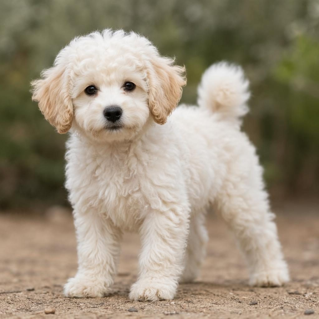 Cachorro mestizo tipo cruce de bichon frise y poodle, solo, con pelaje esponjoso, luz natural y fondo neutro.