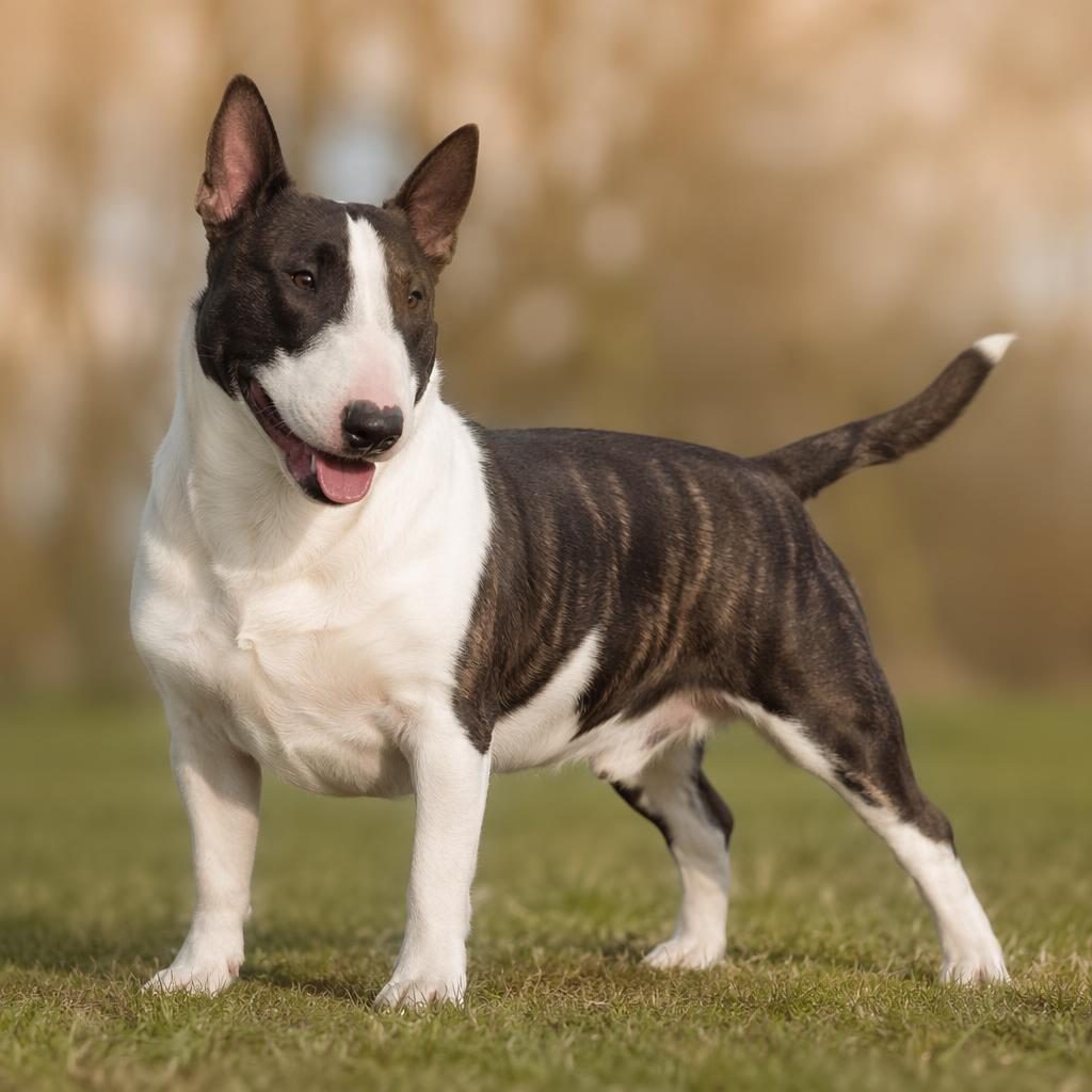 Ein einzelner, freundlicher bullterrier mischling mit weichem Fell, natürlicher Pose und neutralem Outdoor-Hintergrund.